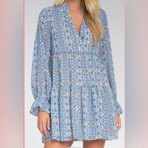 ELAN Blue White Print Longsleeve Size SMALL (S) Dress